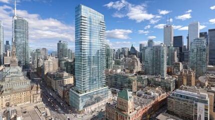 Obraz premium Modern Cityscape of Toronto Featuring Skyscrapers and Historic Architecture Under a Clear Blue Sky