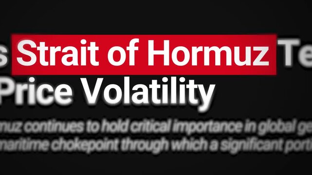 Strait of Hormuz global economic impact 4k text animation transitions with red highlight on the black backdrop