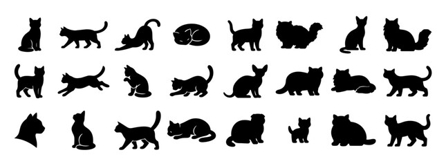 Obraz premium Cat Breed Silhouettes Set, Different Feline Types Icons, Domestic Cats Collection, Pet Variety Black Shapes