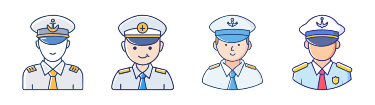 Cartoon collection of ship captain avatars in uniform with hats and ties for nautical design