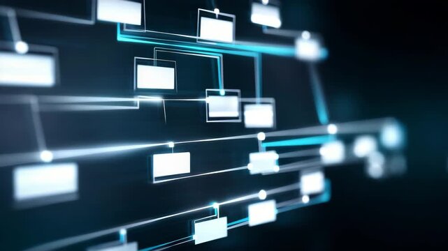 Abstract digital workflow diagram, data flow, network connections, business process automation, system architecture, information technology, flowchart interface, innovation