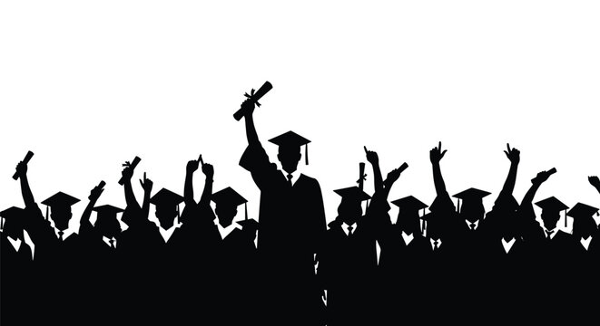 A large group of silhouetted graduates in caps and gowns celebrates with raised arms and a diploma against a white background.