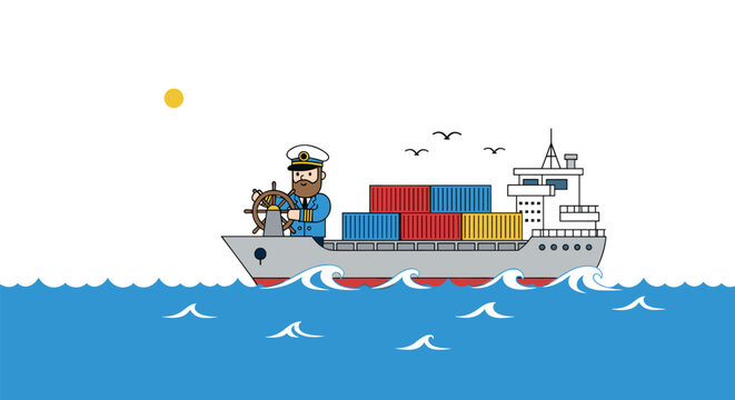 A bearded ship captain steers a grey cargo ship with colorful containers through choppy blue waters under a yellow sun.