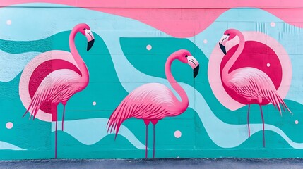 Obraz premium Vibrant pink flamingo mural on turquoise brick wall with abstract wave and circle patterns, artistic design