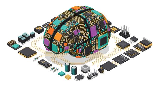 An isometric circuit board brain is surrounded by numerous electronic components on a white background with connecting traces.