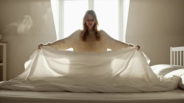 Smiling woman making the bed in a cozy bedroom, throwing a white duvet cover into morning sunlight.