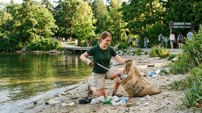Woman gathering litter on park shoreline with clean our parks bag