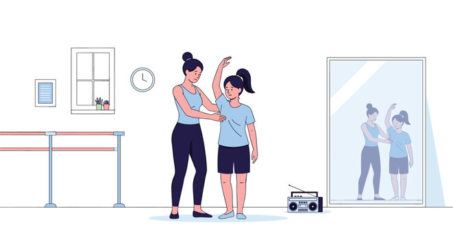 A female ballet instructor guides a young girl's arm movements in a studio with a mirror, barre, and boombox visible in the background.