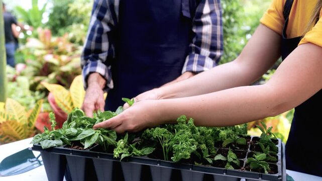 Multigenerational hands planting fresh herbs at greenhouse during spring