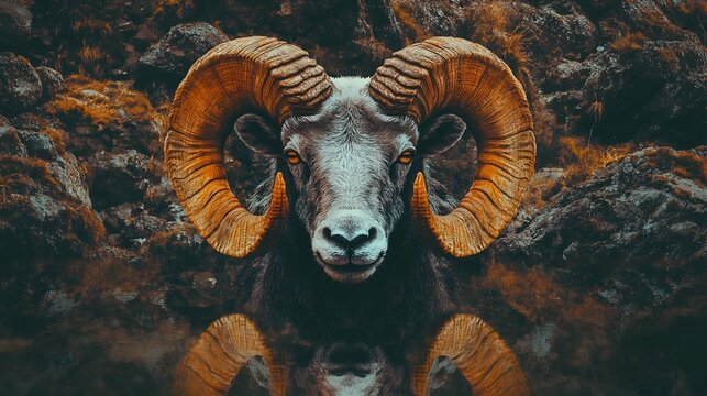 Majestic ram with large curved horns, detailed face, and intense gaze, reflected in dark water
