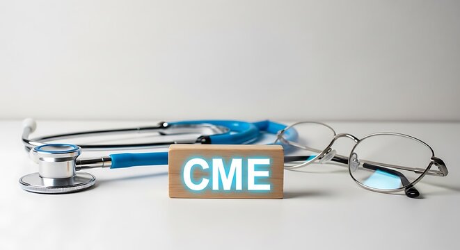 Cme acronym on wooden blocks with stethoscope and glasses, representing medical education and professional development, doctor s office
