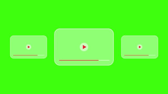 Stylized video player icons illustration on bright green background showing play button screens with red progress bars symbolizing digital media streaming entertainment and online video content