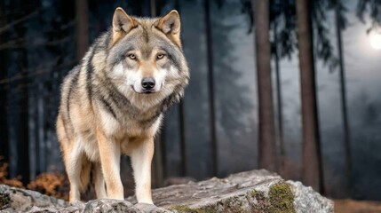 Obraz premium Dominant Wolf Standing on Rock Guiding Pack in Enchanted Forest