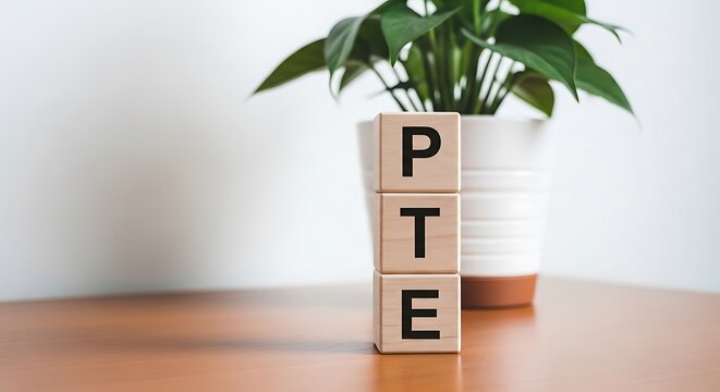 Pte acronym on wooden blocks with a potted plant, representing english language testing and academic assessment, language learning