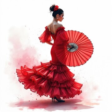 Woman in vibrant red flamenco dress with ruffled skirt dances gracefully holding fan. Hair styled up with red rose, wears ornate earrings. Watercolor art style gives passionate Spanish feel.