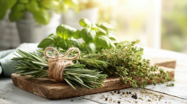 Fresh Rosemary Thyme And Basil Herbs Bundled On A Wooden Cutting Board With Sunlight