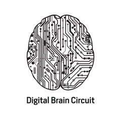 Fototapeta premium Digital brain circuit, black and white line art, overhead view of human brain filled with intricate electronic circuit board patterns, representing digital tech