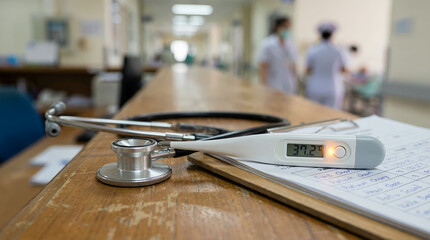 Obraz premium Stethoscope on clipboard with thermometer.