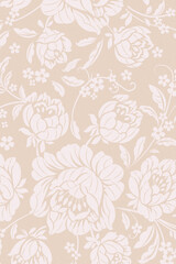 Fototapeta premium Digital floral seamless pattern with white pink stylized peonies roses on beige sand background