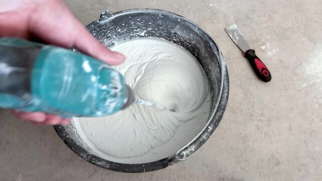 The builder mixes the putty using a mixer. Video