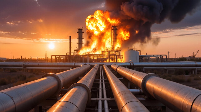 Oil refinery explosion with massive fire and black smoke at sunset. Industrial accident at fuel processing plant with pipelines in foreground.