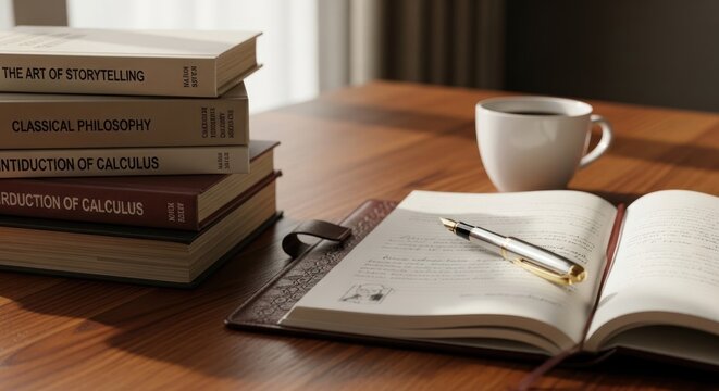 Stack of books with open notebook and coffee cup on wooden table