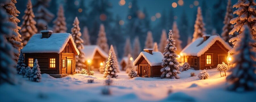 Cozy winter village scene with snow covered log cabins at night. Warm lights glow from windows and street lamps. Pine trees blanketed in snow surround the houses.