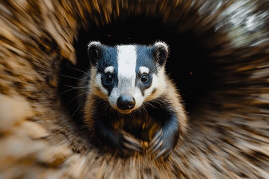 Charming badger peering from a dark tunnel with blurred, swirling wood texture and captivating eye contact.
