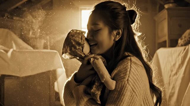 Woman opening a dusty trunk in a sunlit attic, happily finding and hugging an old vintage rag doll.