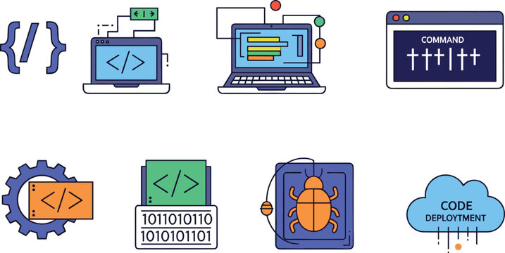 Software Programming and Coding Development Icon Set Vector Illustration with Command Terminal Laptop Code Debugging Binary File and Deployment Cloud