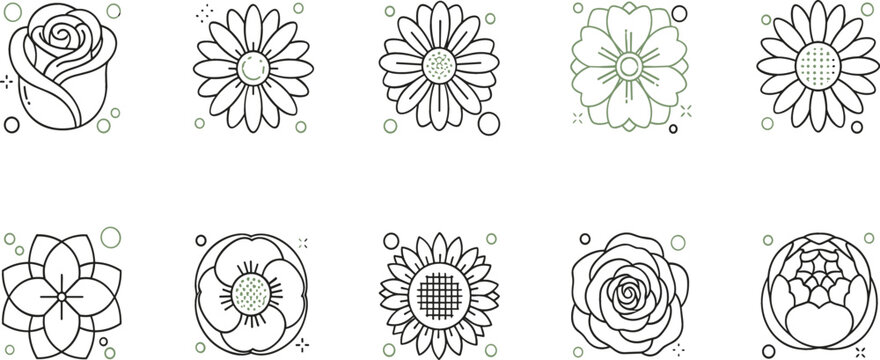 Flower outline icons set with rose daisy sunflower and botanical blooms, minimal line floral collection for design and decoration vector illustration