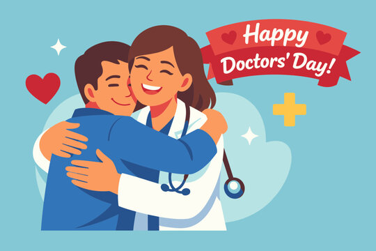 Happy Patient Hugging Doctor on National Doctors' Day