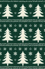 Obraz premium Green seamless pattern with white Christmas trees and snowflakes. Holiday sweater knit design with festive winter motifs. Traditional nordic folk art style for xmas decor.