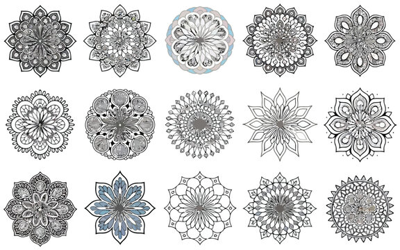 Intricate geometric mandala patterns featuring diverse symmetrical designs Vector