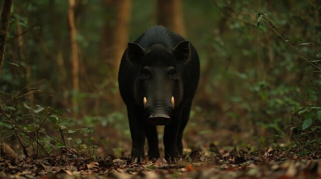 A striking low-angle cinematic shot of a black babirusa walking through a dense, sun-dappled forest floor