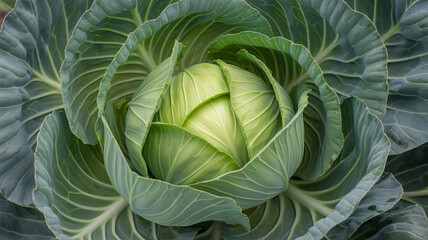Obraz premium A vibrant green cabbage with large leaves, showcasing its natural beauty and freshness.