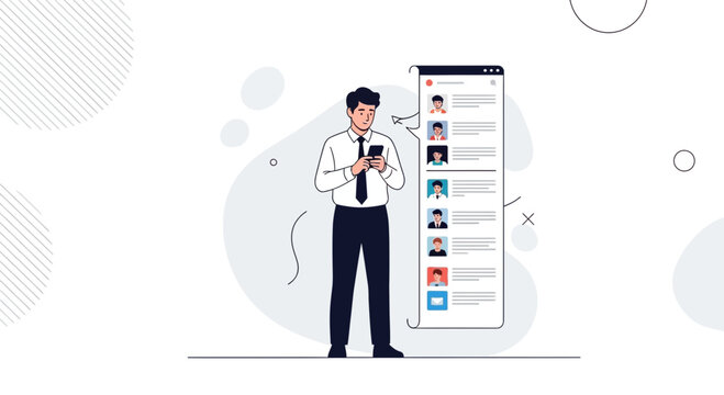 Man Using Smartphone to Browse Online Profiles or Contacts