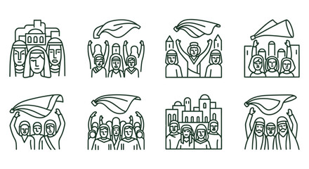 Obraz premium Palm Sunday line art vector icon sheet religious celebration people with palm branches worship scene easter illustration holy week lent christian symbols church graphic elements asset