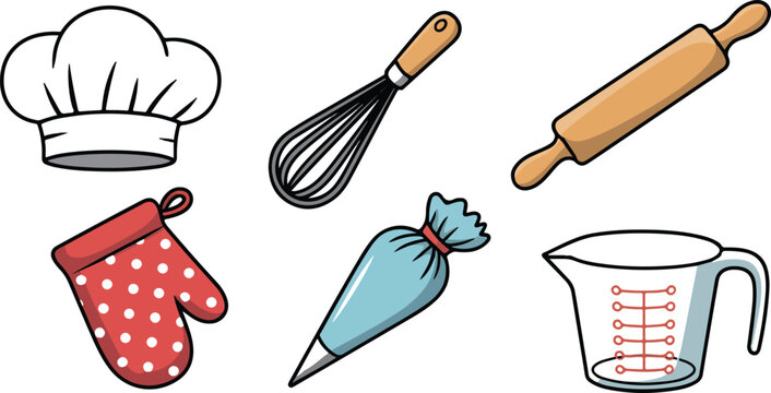 Set of baking tools and kitchen accessories including chef hat whisk rolling pin and utensils minimal outline vector illustration