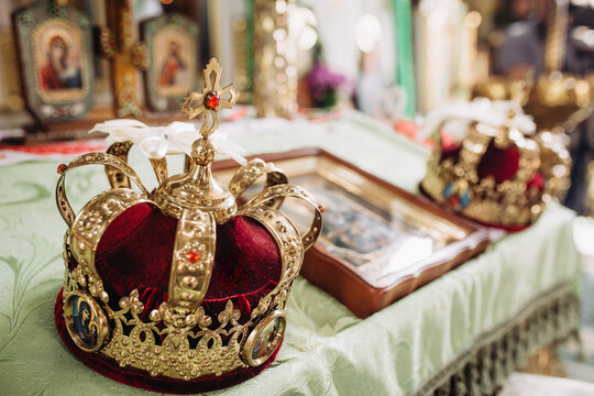 Orthodox wedding crowns and icons preparing for ceremony