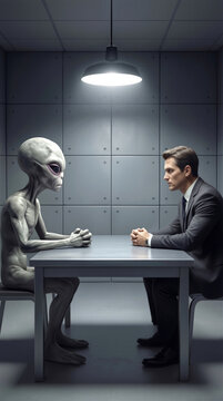 Man in business suit interviewing grey alien in sterile interrogation room. Extraterrestrial and government official sitting at metal table under single lamp.