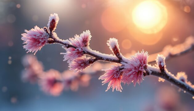 Frosted pink flower buds on tree branch. Winter sun shines through branches covered in frost and ice. Delicate ice crystals form on pink petals. Snowflakes drift in soft light.