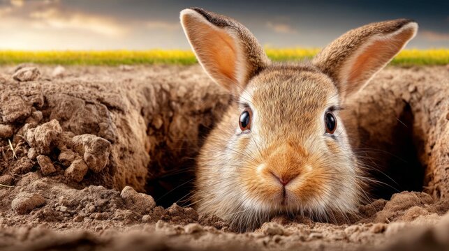 Curious Rabbit Emerging from Warren in Grassy Terrain at Dusk