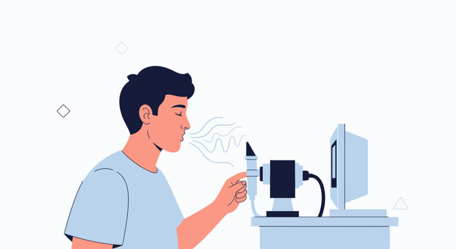 Man using medical device for breathing test, lung function analysis