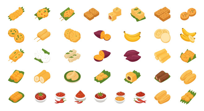 Indonesian Fried Snack Gorengan Isometric Icon Set with Sambal Dipping Sauce