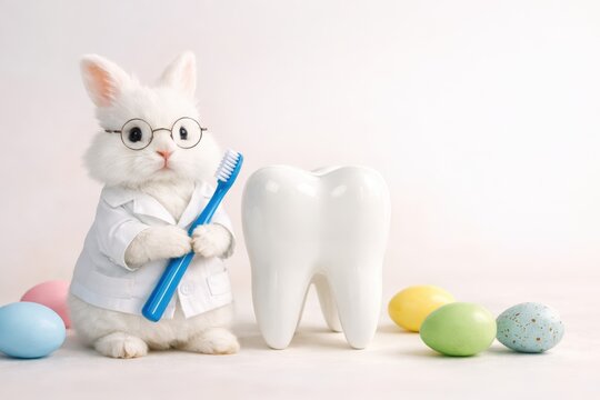 Rabbit dentist with brush by tooth on pastel backdrop concept