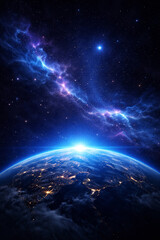 Fototapeta premium AI generated view of earth horizon glowing with sunrise under star filled galaxy sky symbolizing universe exploration space science global perspective and cosmic beauty