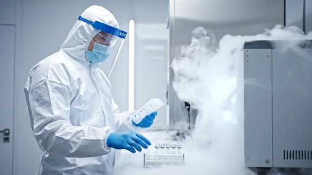 A scientist, protected in a hazmat suit, works in a lab with vials and vapor