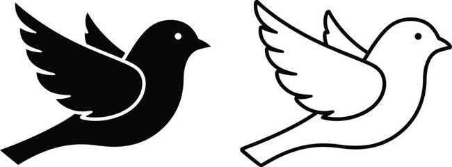 Fototapeta premium Flying Bird Silhouette and Outline Vector Icon Set Vector