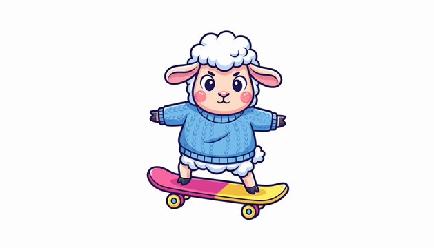 Charming and playful cartoon sheep wearing a cozy blue sweater, expertly balancing on a vibrant skateboard, symbolizing youthful fun and lighthearted adventure